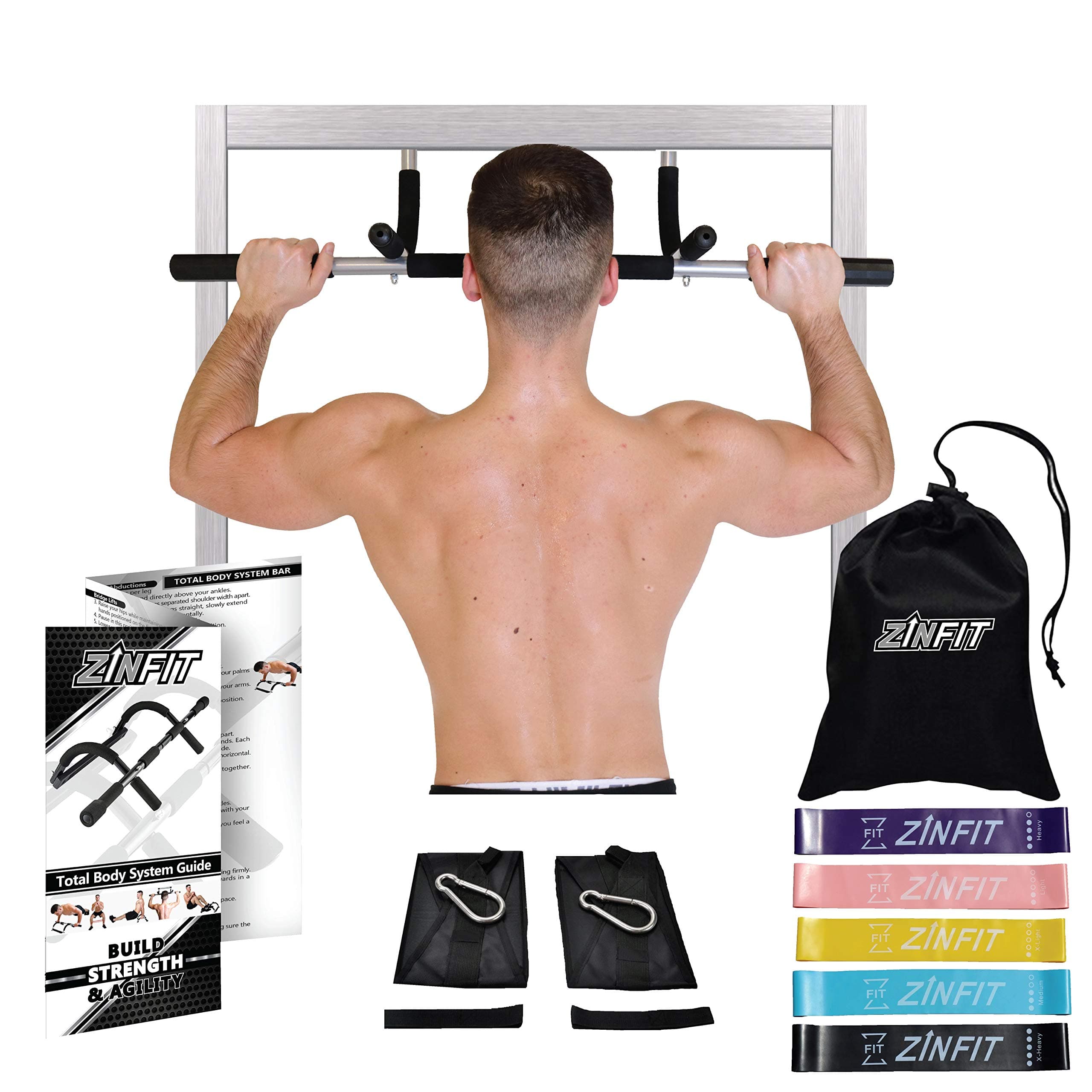Total Body System Pull Up Bar for Doorway with Resistance Bands (All-in-One) Doorframe Pull-Ups, Free Standing Pullup, Chin Ups, Floor Dips, Leg Raises, Abdominal Exercises | Heavy-Duty Steel