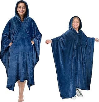 Tirrinia Hooded Poncho Blanket, Fleece Wearable Throw Wrap with Hood and Pocket, Warm Cozy Soft for Adult Women Men Kids, Indoor or Outdoor Navy