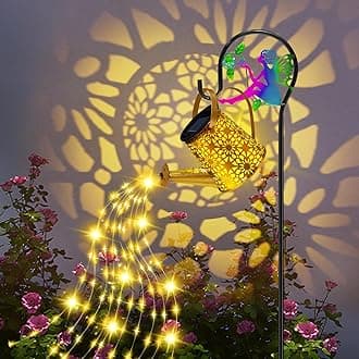 Solar Lights Garden Decorative, Solar Watering Can with Cascading Lights, Waterproof Metal Lantern with Fairy Shepherd Hook, Outdoor Decor for Yard, Patio, Lawn, and Pathway, Gardening Gifts for Mom