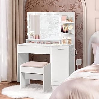 - VASAGLE Vanity Desk with Mirror and Lights, 43.3-Inch Wide Makeup Vanity with Upholstered Vanity Stool, Power Outlets, Dimmable LED Lights, Storage Drawer, for Bedroom, Cloud White URDT628W01