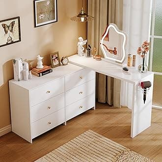 Large Makeup Vanity Desk with Mirror and Lights, Vanity Desk with 6 Drawers, 3 Color Modes & Adjustable Brightness Table, Bedroom,Cream