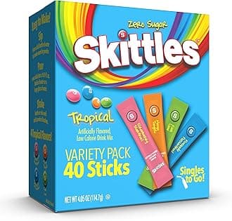 SINGLES TO GO! Skittles Go Tropical Variety Pack, Watertok Powdered Drink Mix, Zero Sugar, Low Calorie, Includes 4 Flavors: Strawberry Starfruit, Mango Tangelo, Kiwi Lime, Pineapple Passionfruit