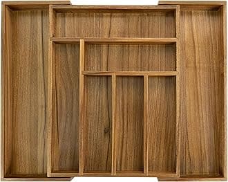 Luxury Acacia Kitchen Drawer Organizer - Silverware Organizer - Utensil Holder and Cutlery Tray with Grooved Drawer Dividers for Flatware and Kitchen Utensils (8 Slot), 17*12.4*2 inch