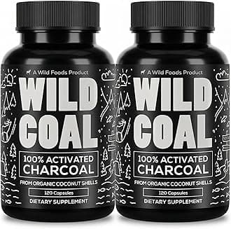 Wild Foods Activated Charcoal Capsules | 100% Organic Coconut Shells Active Tablets for Bloating Relief | Lab Tested & Non-GMO Detox Pills | USA (Two Bottles - 120 Capsules)