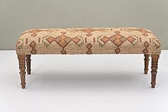 Acacia Wood Kilim Jute Fabric Upholstered Bench with Geometric Pattern | Wooden Ottoman with Turned KD Legs for Living Room, Bedroom, End of Bed, Hallway & Entryway (Beige and Rust)