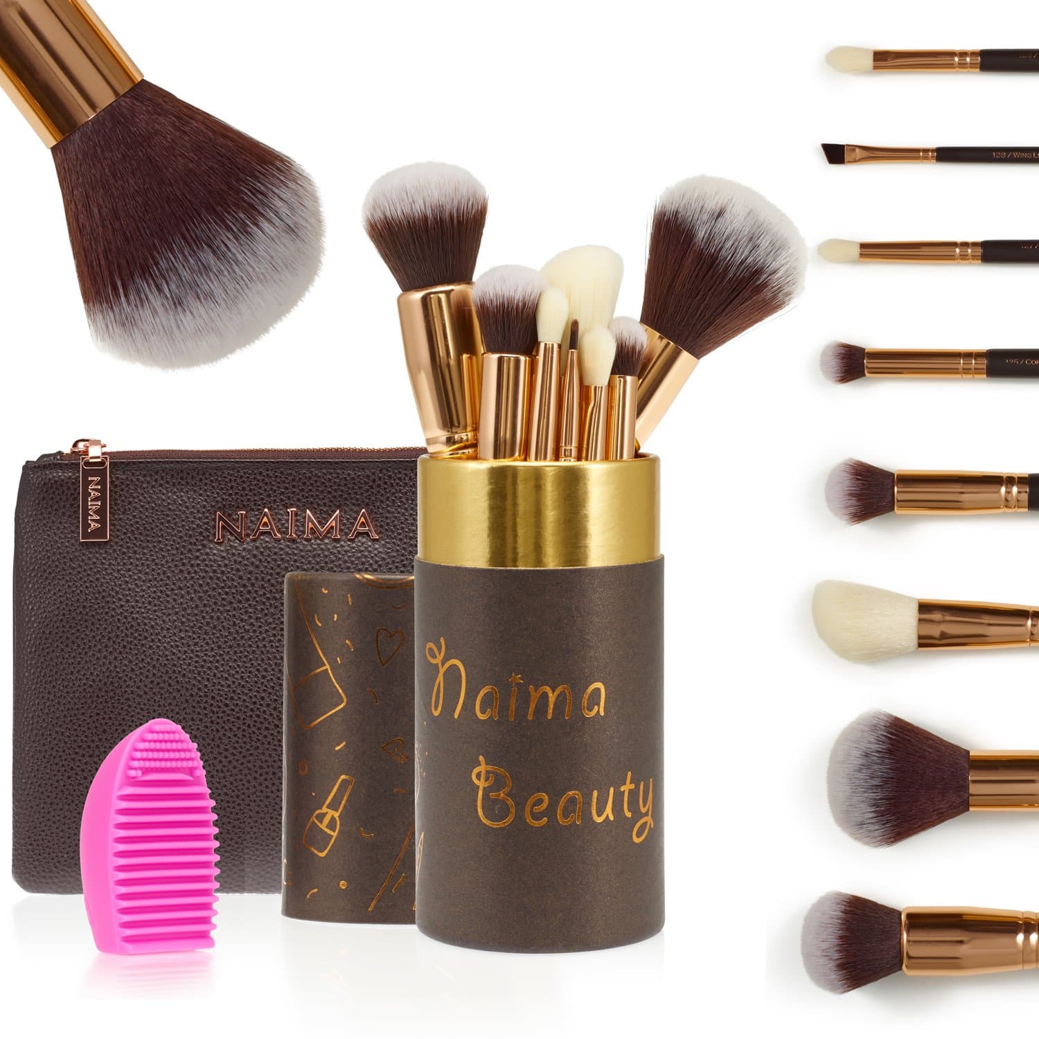 PRO Makeup Brush Set by NAIMA BEAUTY - Includes 8 Professional Rose Gold Makeup Brushes – Luxurious Leather Bag & Vanity Brush Case - Best Quality Brushes for Face and Eye Makeup – Rose Gold