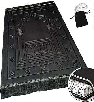 Islamika Orthopedic Prayer Rug Memory Foam Muslim Prayer mat - Padded Very Thick Prayer Rug Sajadah for Men Women for Eid Travel Ramadan, Soft and Luxury (Black) (Black)
