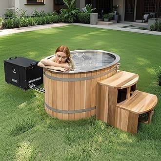 Cold Plunge Tub, 1HP Chiller ETL Certificate, 500L 2 Person,Cooling and Heating System, Canadian Red Cedar, Stainless Steel Base -App Control- Filter - Ozone/UV, Tub Lid (37-107℉)