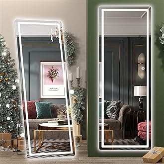 Hasipu Full Length Mirror with Lights, 65" x 22" LED Floor Mirror, Full Body Dressing Standing, Hanging Mounted Mirror for Living Room Bedroom Cloakroom, Round Black