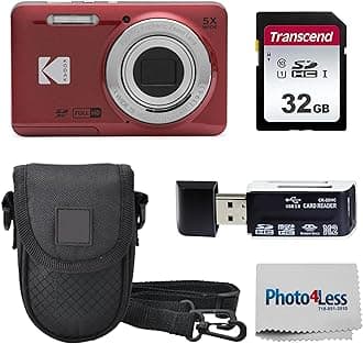 PIXPRO FZ55 16MP Digital Point & Shoot Camera, 5X Optical Zoom, 28mm Wide Angle, 1080P Full HD Video, Bundle with 32GB SD Card, Protective Case, and Hi-Speed Card Reader (Red)
