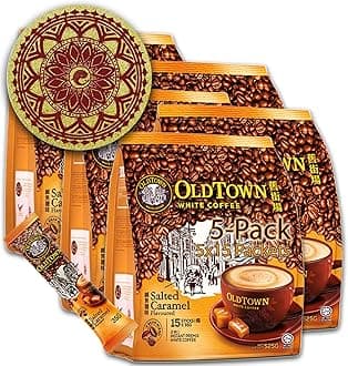 5-Pack OLDTOWN (Salted Caramel) White Coffee 3 in 1 Asian Instant Coffee Package with a Cork Coaster, old town White Coffee 75 Packets with a Random Flavor Sample Packet