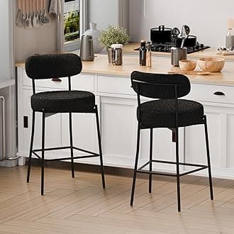 DYHOME Bar Stools Set of 2,Black 28 inch Counter Height Bar Stools with Curved Back, Boucle Fabric & Metal Frame Barstools for Kitchen Island, Modern Bar Chairs Set for Kitchen Counter