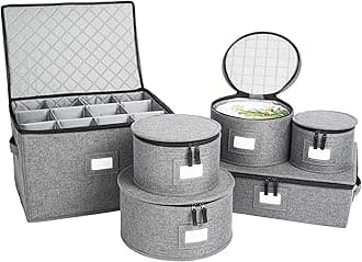 storageLAB China Storage Set, Hard Shell and Stackable, for Dinnerware Storage and Transport, Protects Dishes Cups and Wine Glasses, Felt Plate Dividers Included (Grey - Stemware Storage Included)