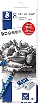 Staedtler Mars Lumograph Graphite Artist Sketch Set, 6 Degrees (6B, 4B, 2B, B, HB, 2H), Mini Mars Plastic Eraser, Metal Sharpener 61 100C8LU