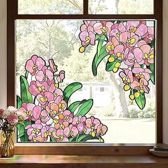 Window Stickers, ‌Stained Glass Window Privacy Film, Static Cling Window Film，UV Blocking Static Cling for Home Kitchen Office Bathroom（Phalaenopsis, 17.7" X 31.5"）