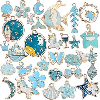 Street27® 1 Set 31pcs DIY Mixed Assorted Gold Plated Enamel Charm Unicorn Flower Dress Fish Shell Moon Star Animals Pendant DIY for Necklace Bracelet Jewelry Making and Crafting Charms, Alloy, No