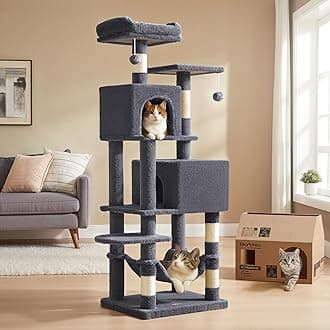 Feandrea Cat Tree 155 cm High, Play Tower, with 5 Scratching Posts, 2 Platforms, 2 Caves, Hammock, 2 Pompoms, Plush Fabric, Multi-Levels, Dark Grey PCT192G01