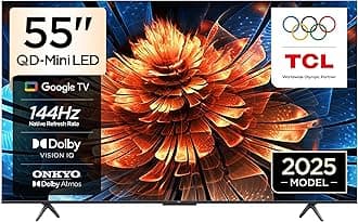 TCL 55Q6C Television 55 Inch Smart TV 4K QD-Mini LED Colorful Quantum Crystal HDR 10+ Gaming Google TV, 144Hz Native Refresh Rate, ONKYO 2.1 Hi-Fi, Dolby Atmos, AI Mode, Game Master (2025 Model)