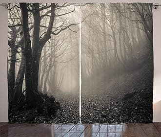 Ambesonne Gothic Curtains, Pathway on The Gothic Forest Trees Trough Foggy Mysterious Nature Monochrome Artwork, Living Room Bedroom Window Drapes 2 Panel Set, 108" X 84", Beige