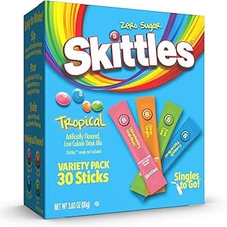 SINGLES TO GO! Skittles Go Tropical Flavors Variety Pack, Powdered Drink Mix, Includes 4 Flavors, Strawberry Starfruit, Mango Tangelo, Kiwi Lime, Pineapple Passionfruit, 1 Box (30 Single Servings)