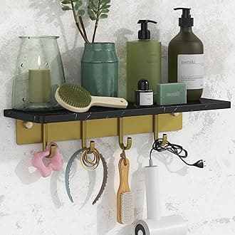 Marble Floating Shelves for Wall, Sturdy Modern Bathroom Shelf Organizer, Black and Gold Polished Shower Shelf with Hooks for Bathroom, Shower Room, Living Room, Kitchen, Bedroom