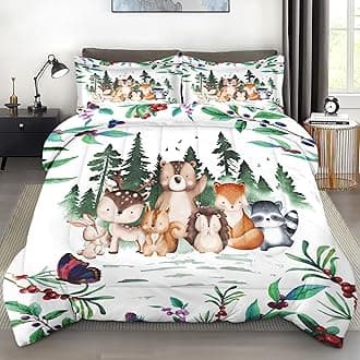 Comforter Set Queen Size, Safari Woodland Animal Bird Soft 3 Pcs Bedding for Kids and Adults, Fox Cute Bear Jungle Comforter Set with Pillowcase, for Bedroom Bed Decor