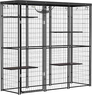 4-Level 69" Large Catio Outdoor Indoor Weld Wire, Cat Enclosure with Waterproof Cover, 4 Jumping Platforms, Hammock, Cat Shelter for 1-3 Kittens, 69" x 22" x 62", Black