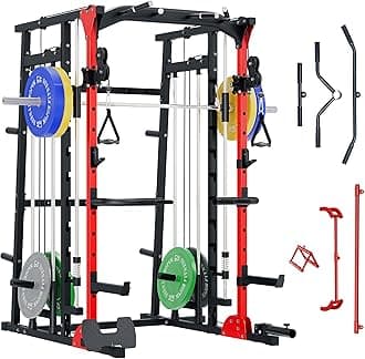 Major Fitness SML07 Machine All-in-One Home Gym Power Cage with Weight Bar and Two LAT Pull-Down Systems and Cable Crossover Machine, Exercise Attachment