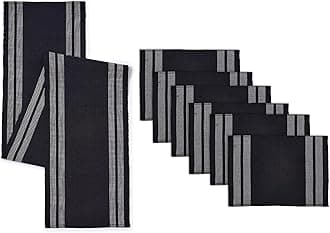 Encasa XO Table Runner and Placemats Set 6 | Fine Ribbed Cotton | Ladder Black | 1 Table Runner Size 13"x72" & Each Table Mat Size 19x13 Inch