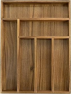 Luxury Acacia Kitchen Drawer Organizer - Silverware Organizer - Utensil Holder and Cutlery Tray with Grooved Drawer Dividers for Flatware and Kitchen Utensils (6 Slot)