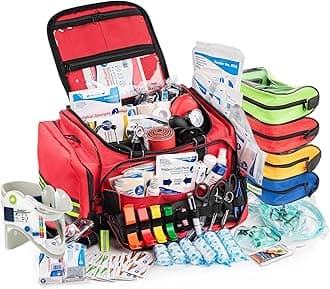 Fully-Stocked First Responder Professional Advanced EMT/EMS Trauma Kit | HSA/FSA Approved | Reflective Bag w/10+ Compartments, Zippered Pockets & 250+ First Aid Supplies (Red)
