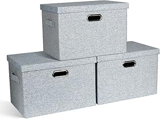 Large 17" 36 Quart Collapsible Stackable Storage Bins with Lids, 3 Packs Blue-Grey Linen Fabric Closet Boxes with Lids, Storage Cube Baskets Container Organizers for Bedroom (17x12x11)