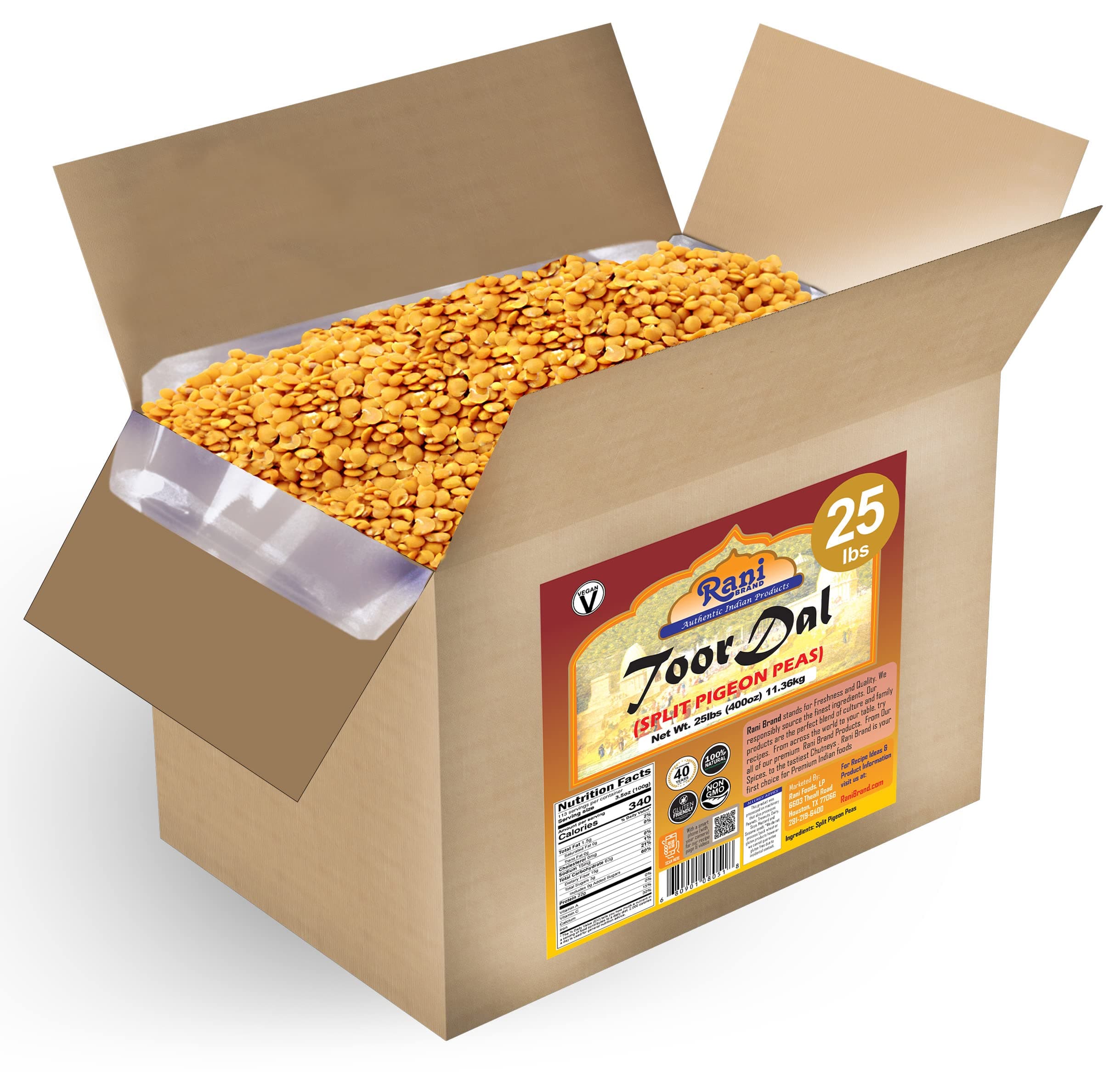 Rani Toor Dal (Split Pigeon Peas) 400oz (25lbs) 11.36kg Bulk Box ~ All Natural | Gluten Friendly | NON-GMO | Vegan | Indian Origin