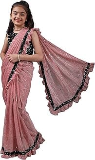 NILKANTHVARNI CREATIONKids Girls Lycra Blend Saree With Unstitched Sequence Blouse Piece (3-4 yrs to 11-12 yrs) (Pink, 11-12 Years - XL)