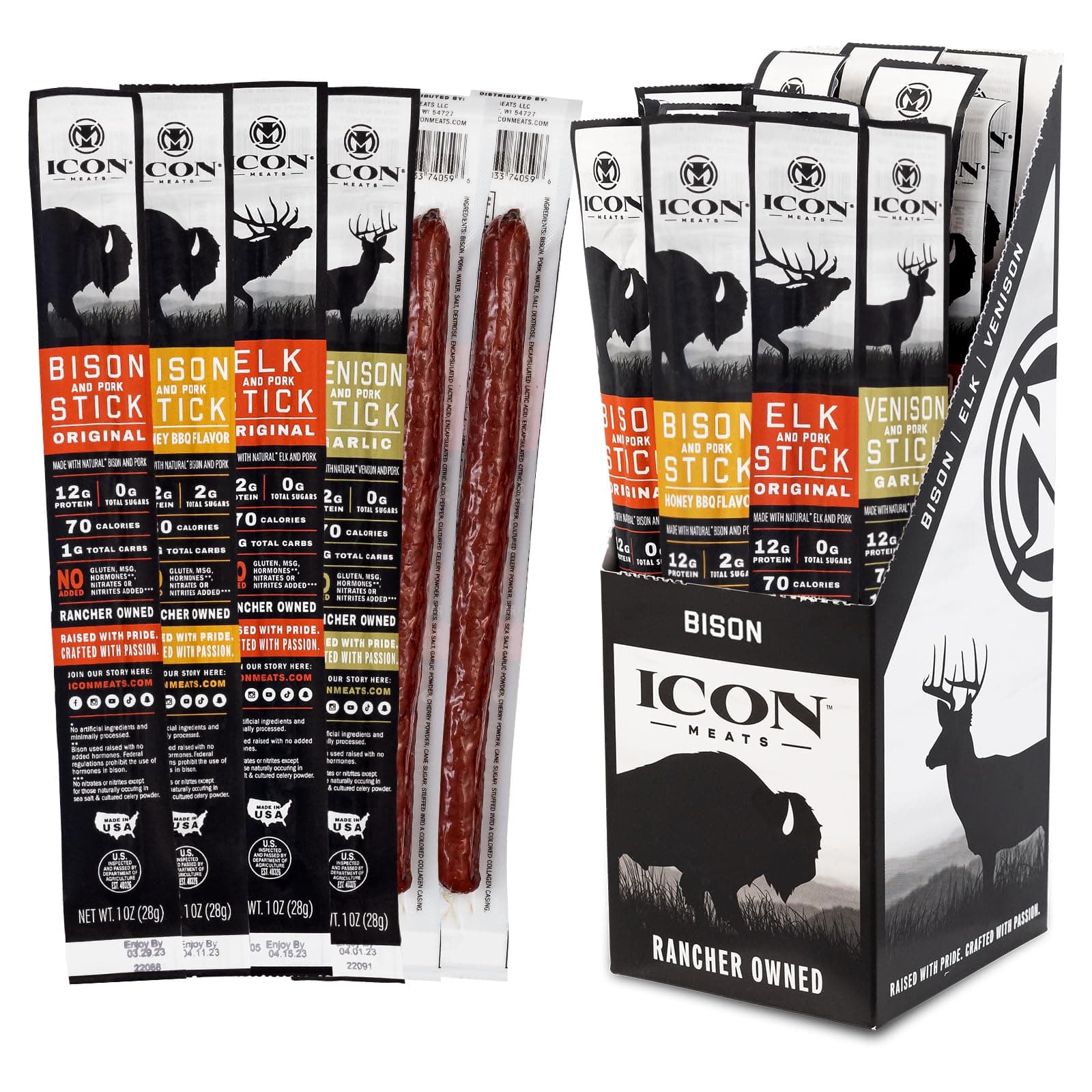 ICON Meats Snack Sticks Sampler, 24 Pack High Protein Snacks, Assorted Bison, Elk, Venison & Pork Individually Wrapped Meat Sticks 6 Per Flavor, Gluten Free, Low Sugar, Gifts for Him