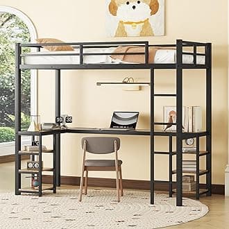 Loft Bed Twin XL Size, Metal Loft Bed Frame with Desk and Storage Shelves, Heavy-Duty Kids Loft Beds with Ladder & L-Shape Desk for Boys Girls Teens, Black