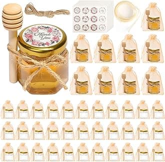 ComSaf Mini Honey Jars with Dipper 1.5oz - 40 Pack, Small Honey Glass Jar with Gold Lid, Tiny Hexagon Honey Jar in Bulk for Baby Shower, Wedding and Party Favors, Thank You Gift