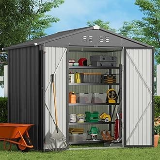 Gizoon Outdoor Storage Shed 8 x 6 FT, Galvanized Metal Garden Shed with Double Lockable Doors, Outdoor Storage Clearance for Backyard Patio Lawn-Dark Grey