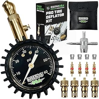 Rhino USA Adjustable Tire Deflators with Gauge (0-60psi) Calibrated & Automatic Tire Air Down Tool - Large 2" Easy Read Glow Dial & Solid Brass Hardware - Best Offroad Deflator for Jeep, Truck or ATV