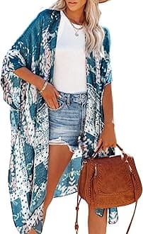 Women's Beach Cover up Swimsuit Kimono with Bohemian Floral Print, Loose Casual Resort Wear