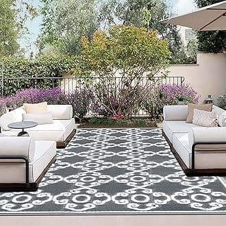 OutdoorLines Outdoor Reversible Rugs for Patio 4x6 ft - Outside Plastic Carpet, Stain & UV Resistant Portable RV Mat, Straw Rug for Camping, Backyard, Deck, Picnic, Porch Moroccan Flower Gray & White