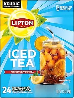 - Lipton Unsweetened Black Iced Tea K-Cups 24-Pack for Keurig Coffee Makers - Rainforest Alliance Certified Tea Pods with Smooth Crisp Flavor, Brew Hot over Ice for Refreshing Beverage