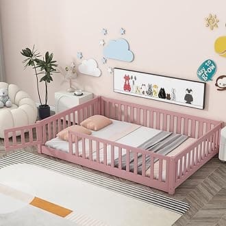 PVWIIK Full Size Montessori Floor Bed Frame with Convertible Door for Girls & Boys,Wood Montessori Bed w/Safety Guardrails & Wood Slats for Kids,Pink