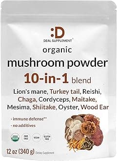 DEAL SUPPLEMENT - Organic Mushroom Powder Supplement, 12 oz - 10-in-1 Active Blend - Shiitake, Lion's Mane, Cordyceps, C