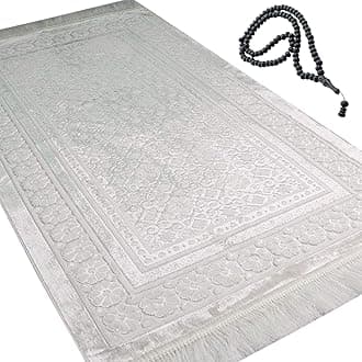 Modefa Velvet Prayer Rug - Soft Plush Turkish Janamaz Sajada Carpet for Men and Women - Plain Solid Prayer Mat Ramadan Eid Gift - with Prayer Beads - Luxury Floral Stamp (White)