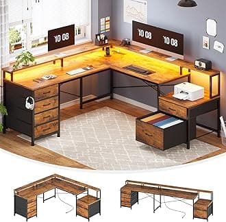 SEDETA L Shaped Desk with 6 Drawer, 108" Home Office Desk with File Drawer & Power Outlet, Corner Computer Desk with Monitor Shelf, Two Person Desk, Gaming Desk with Led Lights, Rustic Brown