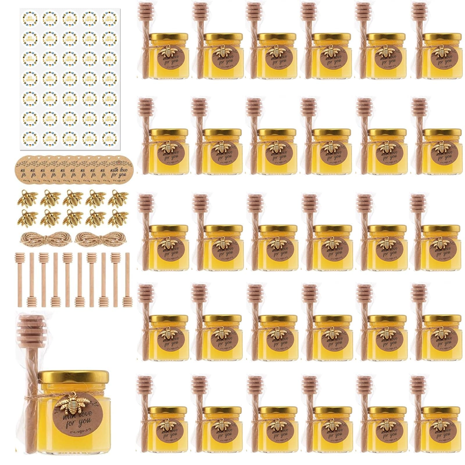 30 Pack 1.5 oz Mini Honey Jars with Dipper, Honey Jar Party Favors, Glass Hexagon Honey Jar for Wedding Favors