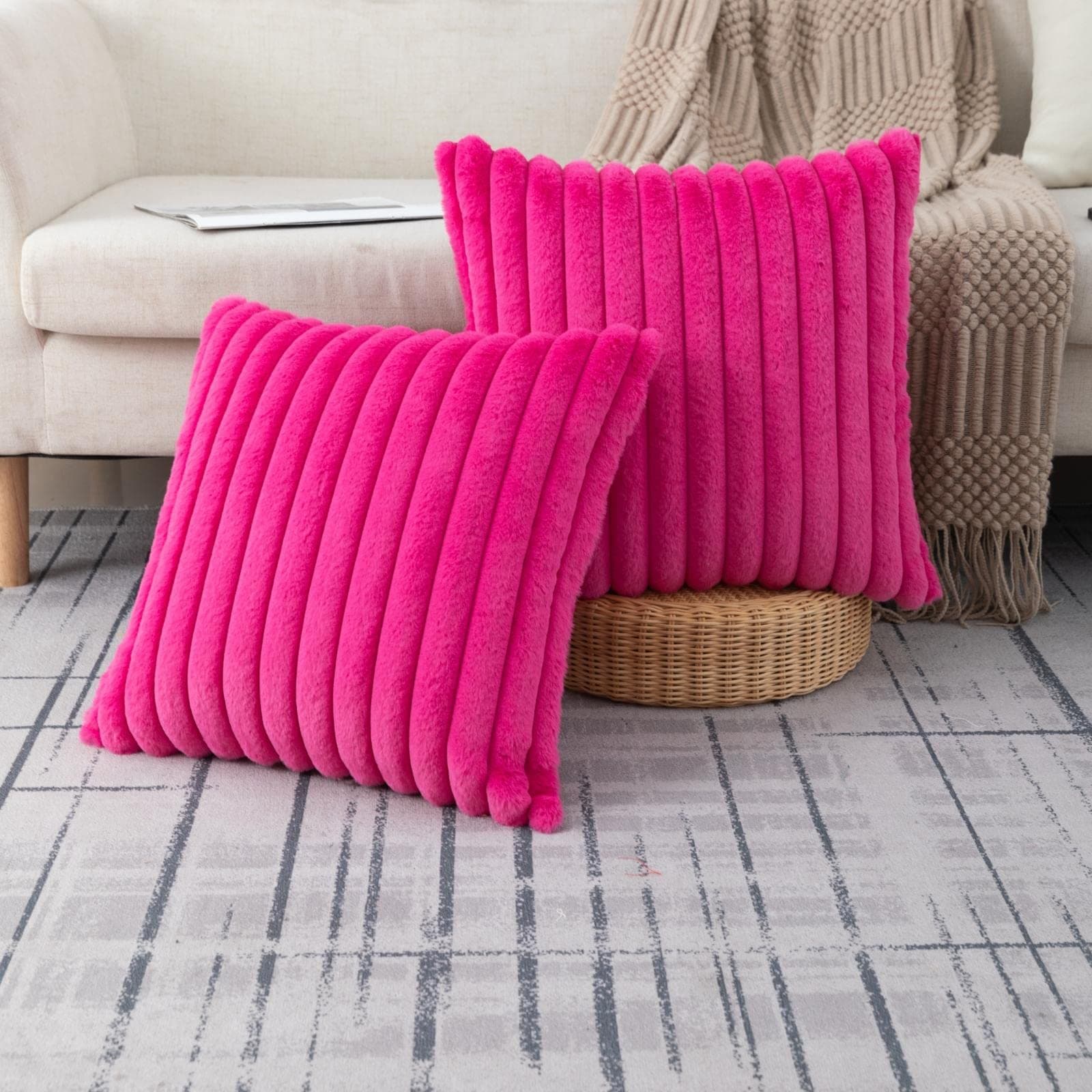 Set of 2 Hot Pink Faux Fur Decorative Throw Pillow Covers Fluffy Striped Pillowcase Cushion Covers 18 x 18 Inch Decor Sofa Couch Bedroom