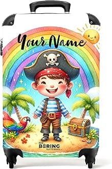 Children's Luggage Kids Suitcase for Boys - Personalised Lightweight Cabin Suitcase on Wheels - Pirate Rainbow Drawing - 55x40x20cm - Hard Shell Trolley - 20" - 10kg