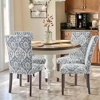 Upholstered Parsons Dining Chairs Set of 4, Fabric Dining Room Kitchen Side Chair with Nailhead Trim and Wood Legs - Blue/White Flower